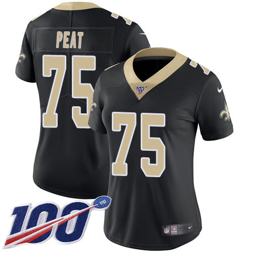 Women's New Orleans Saints #75 Andrus Peat 100th Season Black Vapor Untouchable Limited Stitched Jersey(Run Small)